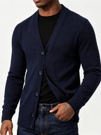 Men's -Lined Knit Cardigan, Autumn/Winter V-Neck Button-Up Warm Sweater Coat, Loose Fit Casual Thickened Outerwear Top - 10301-8971 Navy Blue