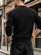 FORLENGKE Men's Vintage Crew Neck Sweater with Cable Knit Sleeves, Heavy Thick Pullover for Fall and Winter, Loose and Casual Fit for Young and Middle-Aged Men, Perfect for Daily Wear, Commuting, Street Style, Layering, Available in Multiple Colors - Black