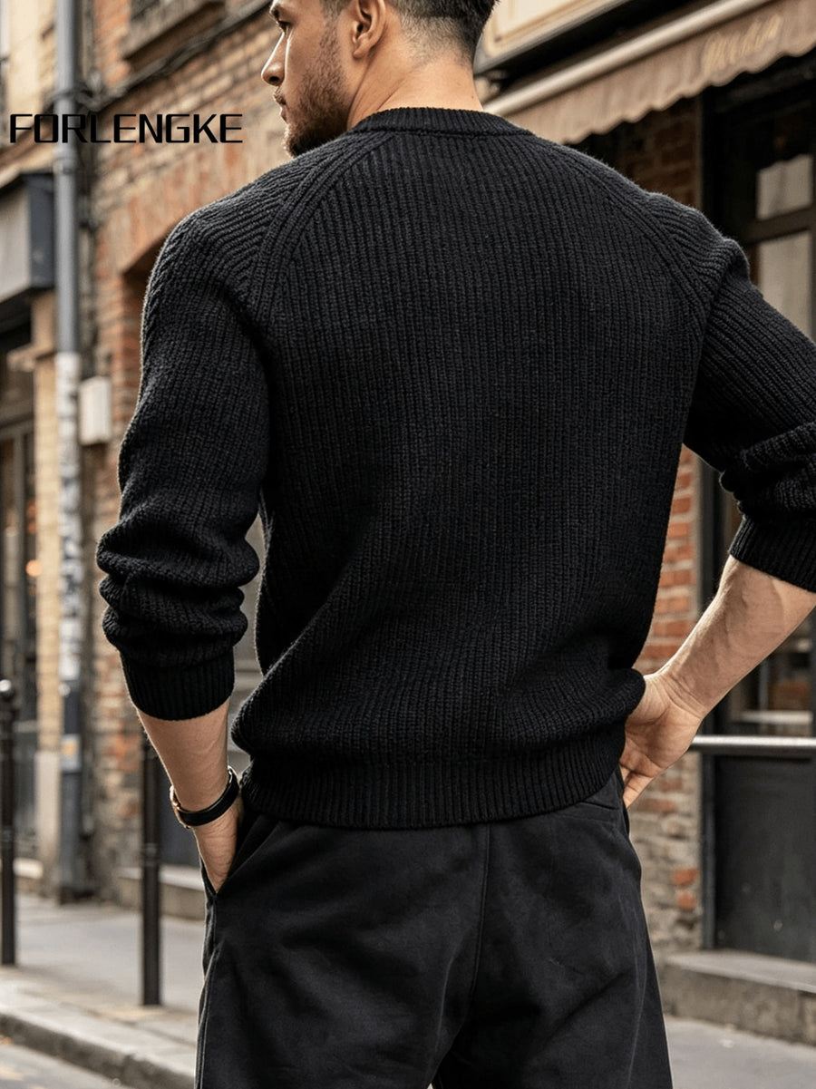FORLENGKE Men's Vintage Crew Neck Sweater with Cable Knit Sleeves, Heavy Thick Pullover for Fall and Winter, Loose and Casual Fit for Young and Middle-Aged Men, Perfect for Daily Wear, Commuting, Street Style, Layering, Available in Multiple Colors - Black