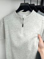 Men's Casual Sport T-Shirt, In-Stock Summer American Streetwear Brand High Street Short Sleeve Casual Fashion Zipper Stand Collar Solid Color Top - Grey
