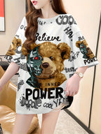 Women's Plus Size Oversized Graphic T-Shirt - Cute Cartoon Bear & Inspirational Text Print, Breathable Stretchy Fabric, Longline Casual Top for Spring Summer Fall, Bear T Shirt, Spring Fashion, Round Neckline, Nontransparent Material, Machine Washable - K170-W