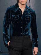 Autumn Winter New Men'S Velvet Front Button-Front Collar Premium Shiny Design Statement Dress Long Sleeve Shirt, Fashionable Sparkling Casual Wear Novel Top Men'S Clothing - Royal Blue