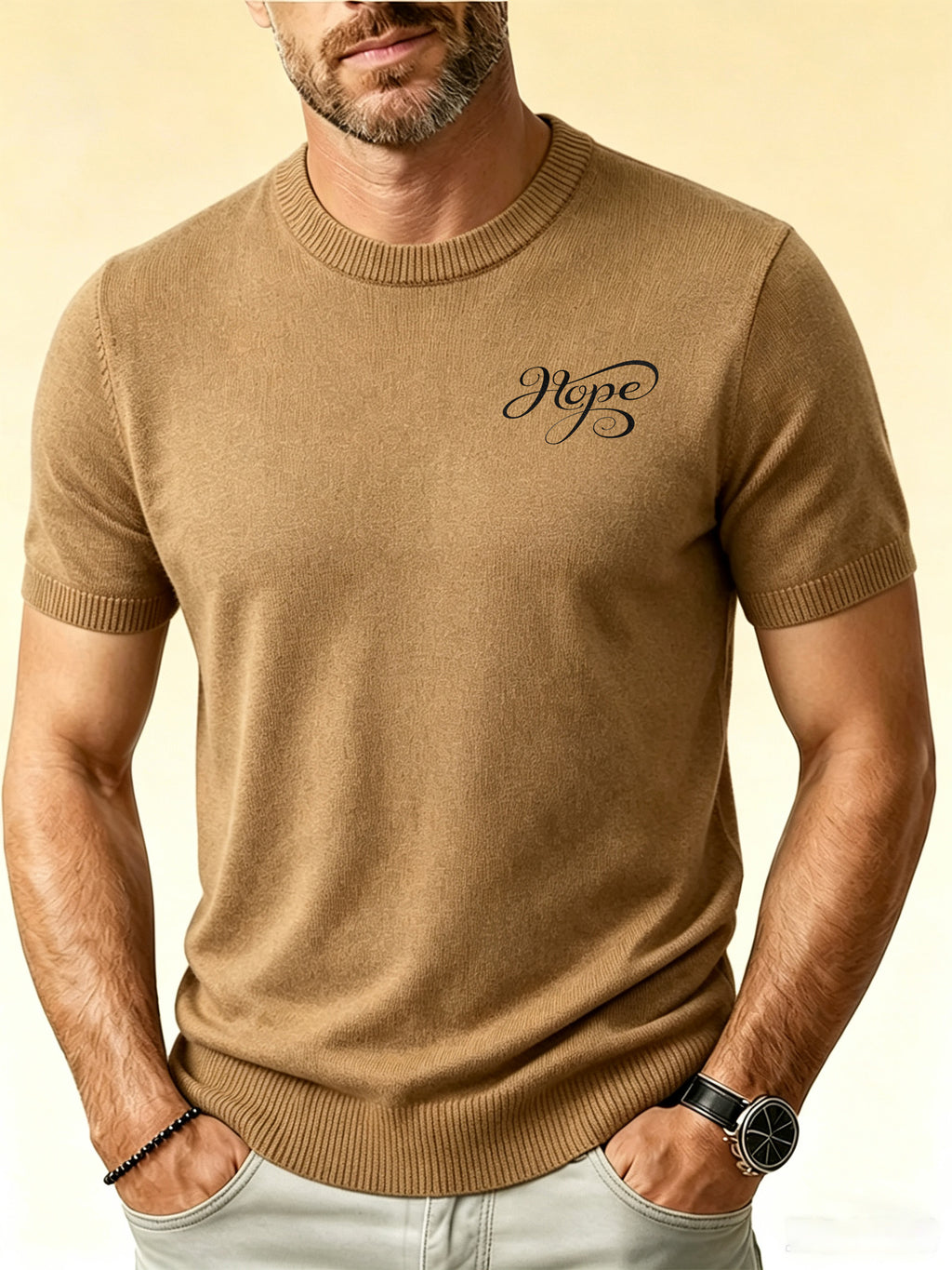 Men'S Round Neck Short Sleeve Knit Sweater English Casual Base Layer Top - 【Brown】