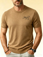 Men'S Round Neck Short Sleeve Knit Sweater English Casual Base Layer Top - 【Brown】