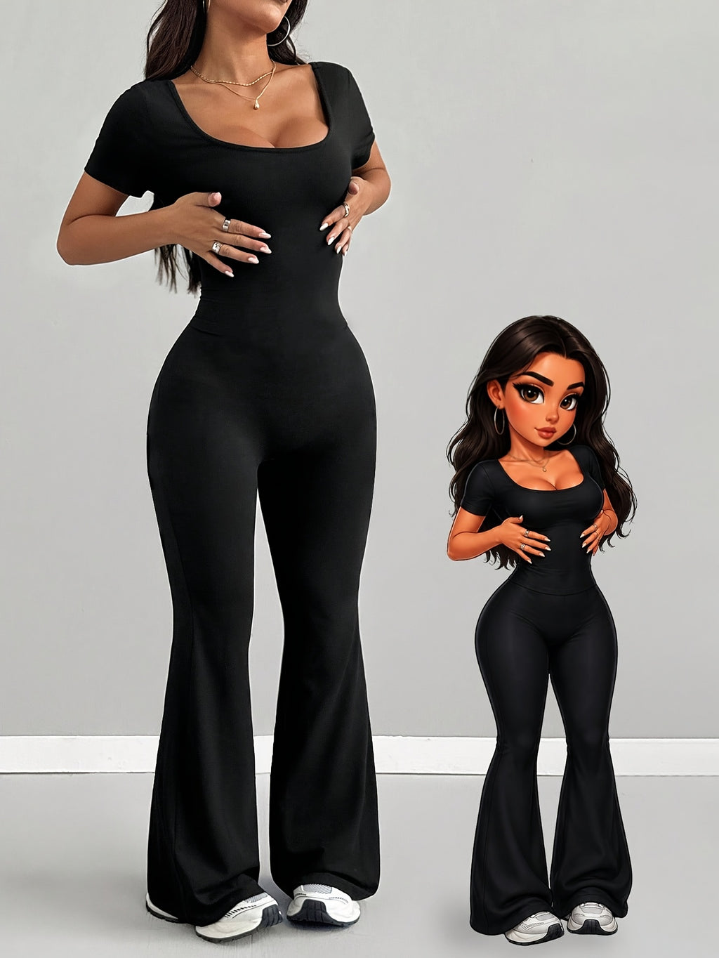 Women'S Jumpsuit, Spring Summer Casual Style, U-Neck Design, Fashionable Sexy And Comfortable, Slim Fit Versatile, Suitable for Outdoor, Commuting, Millennial Style, American Style, Chic Style, Beach Parties, Countryside Vacations - Black