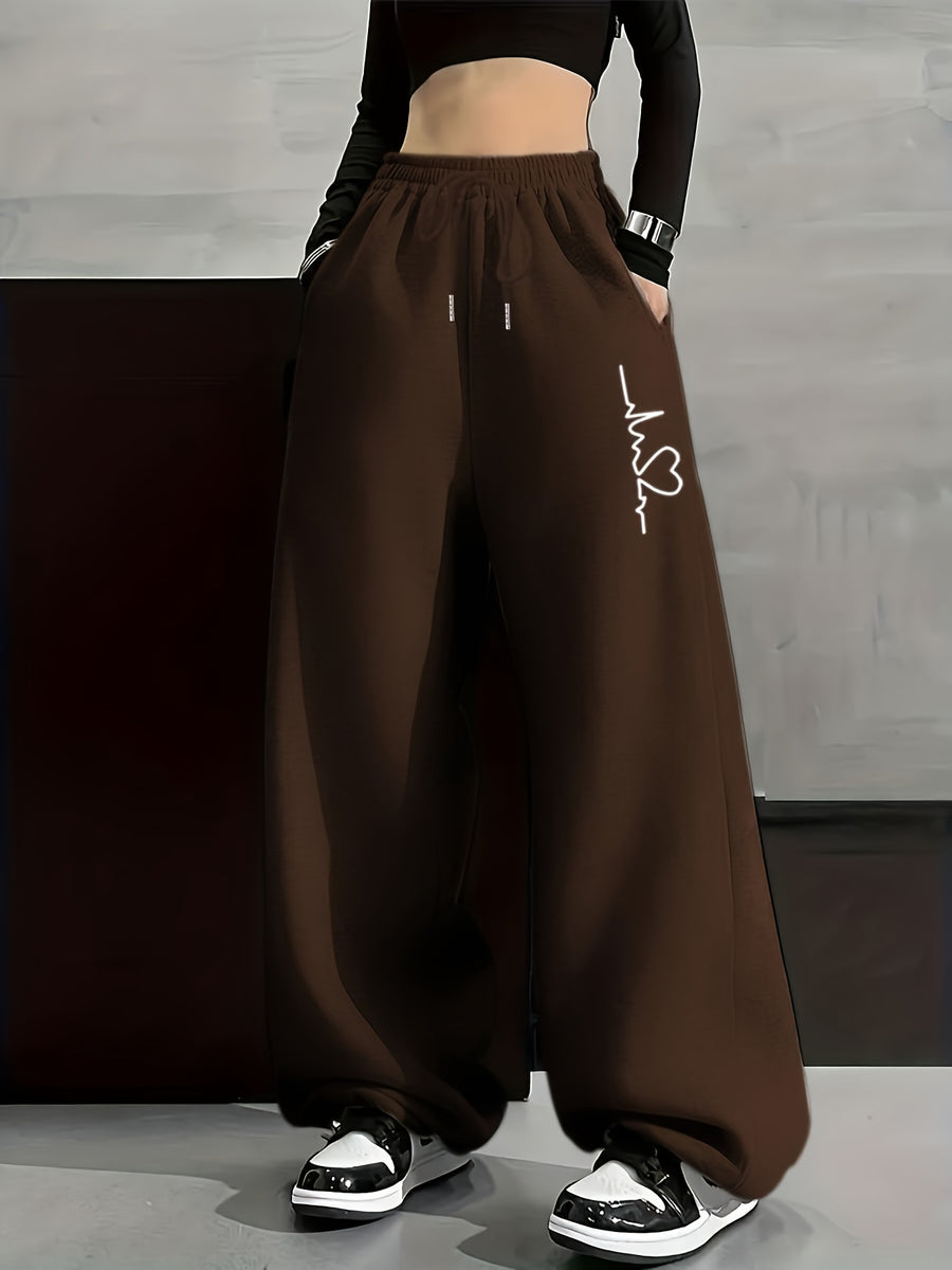 Caution ECG Print, Autumn And Winter Fashion Casual Women'S Fleece Pants, Solid Color Drawstring Sweatpants, Casual Loose Sweatpants, Women'S Fashion - Coffee Brown