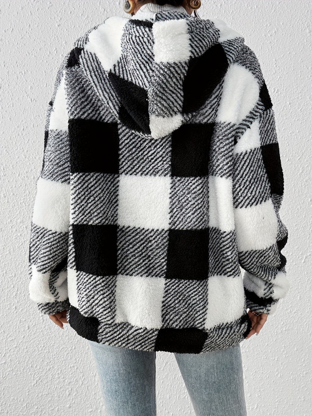 Women's Black and White Plaid Hooded Casual Jacket - Black And White Color