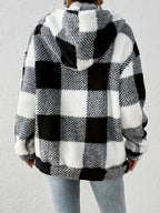 Women's Black and White Plaid Hooded Casual Jacket - Black And White Color