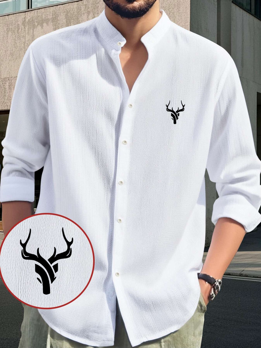 Men's Comfortable Long Sleeve Casual Shirt - Party Wear, Lightweight Breathable Stand Collar Button-Up Top, Versatile Apparel for Daily Wear, Events, and Outings, {Simple Fashion Style} Deer Head Print Pattern, Suitable for Various Occasions Fashion - White