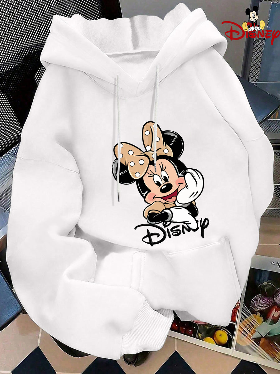 Minnie Mouse Face Print Japanese Hooded Sweatshirt, Loose Casual Kangaroo Pocket Pullover Top - White