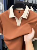 [Shule Water OBM] Summer Men'S Short Sleeve T-Shirt, Contrast Striped Cool Business Casual Versatile Top, Mid-Age Men'S Short Sleeve Collared Polo Shirt (72616) - Tangerine