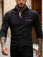 EnglishContrast Pocket Long Sleeve Collared Polo Stretch Slim Fit Business Casual Men T Shirt - Black
