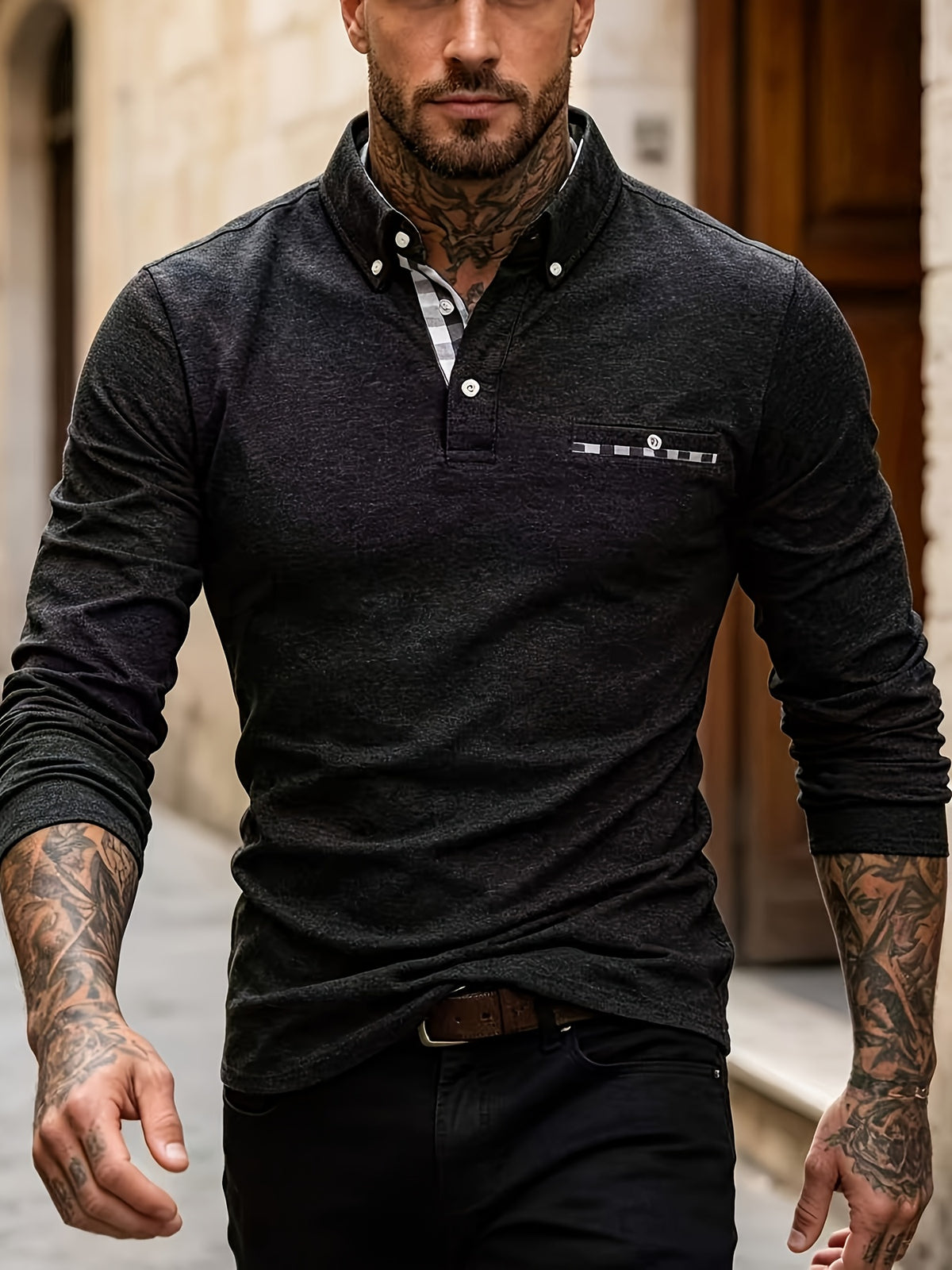 EnglishContrast Pocket Long Sleeve Collared Polo Stretch Slim Fit Business Casual Men T Shirt - Black