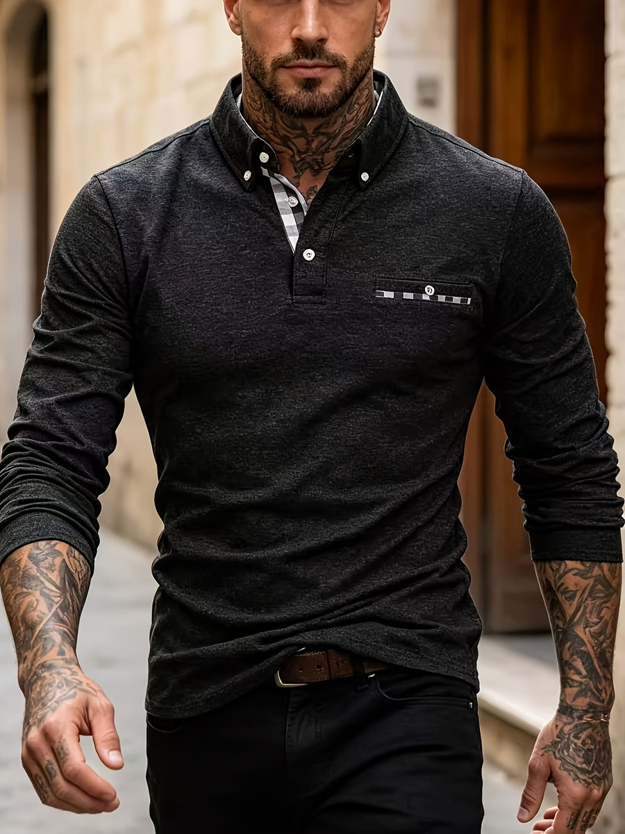 EnglishContrast Pocket Long Sleeve Collared Polo Stretch Slim Fit Business Casual Men T Shirt - Black