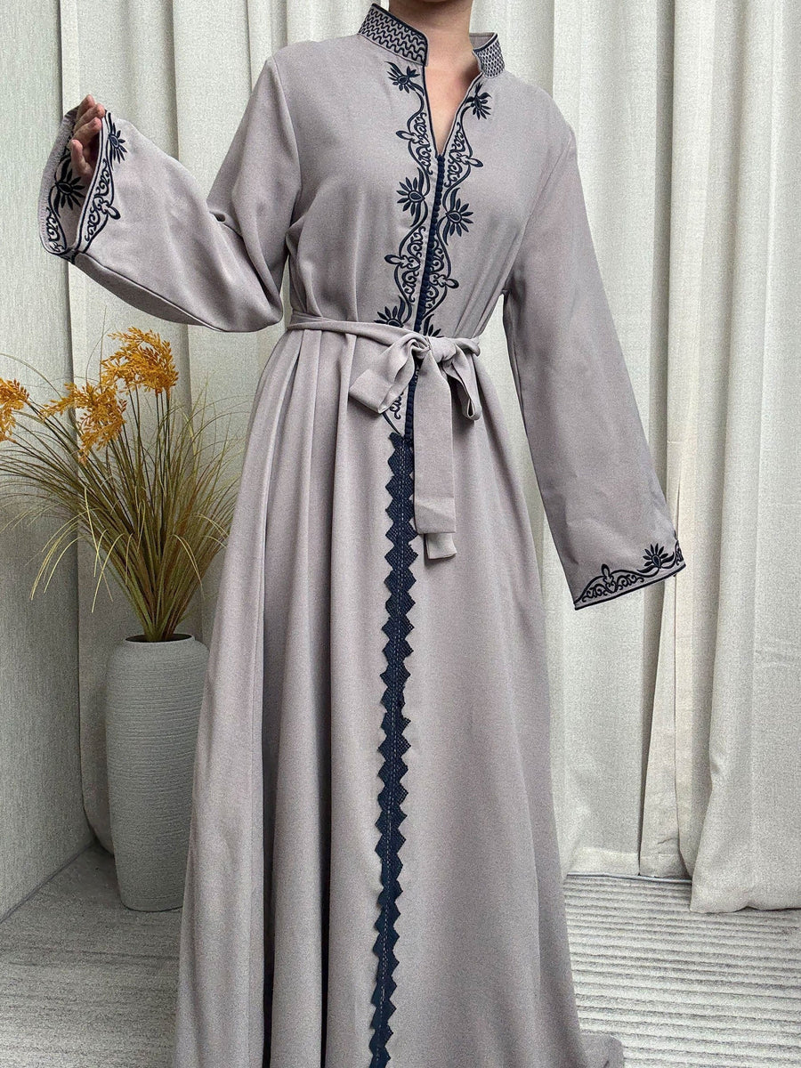 An Elegant Arabic Robe in a Single Piece, Adorned with Ethnic Style Patterns - a Long-Sleeved Dress Suitable for Muslim Women, Perfect for All Seasons, Seasonal Dress | Elegant Robe | Exquisite Patterns, Robe Dress - Slate Grey