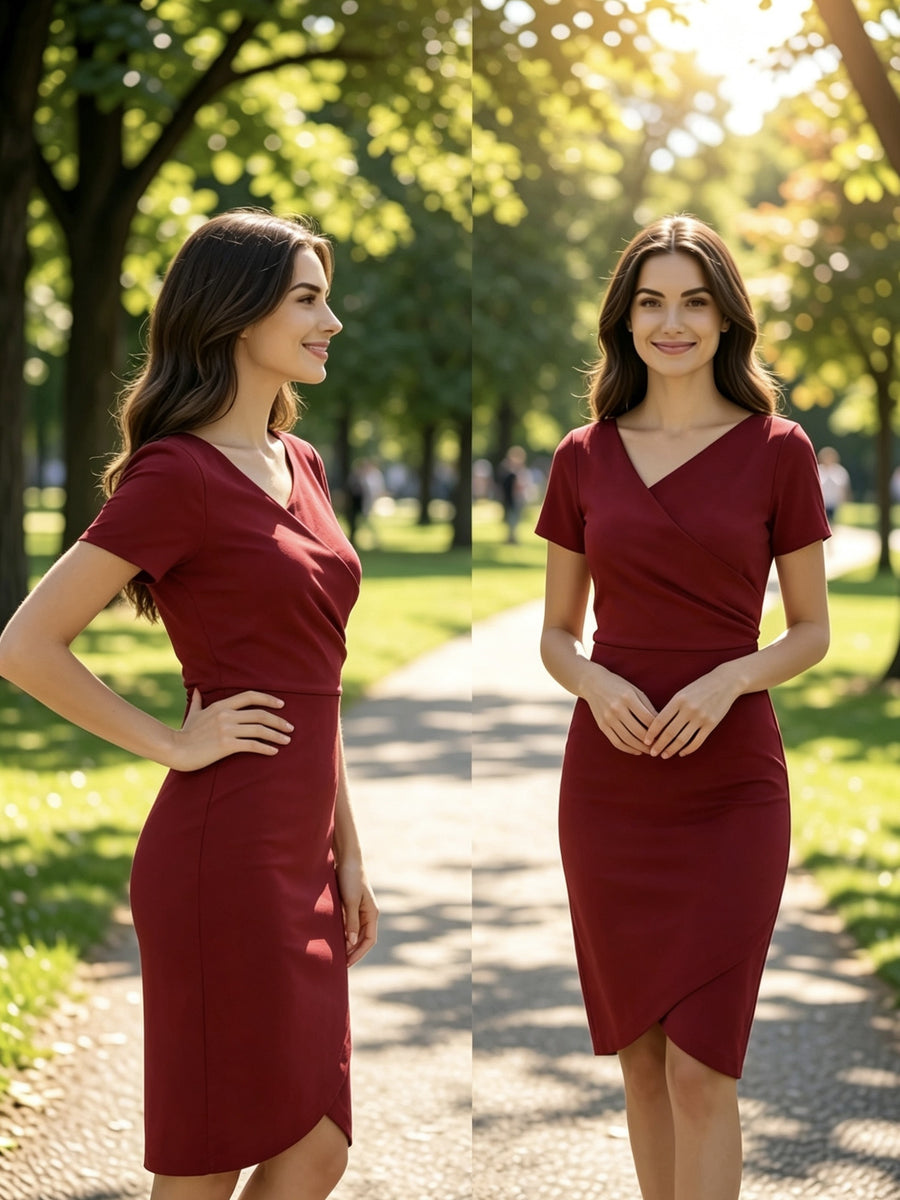 Burgundy V-Neck Wrap Dress, Waist-Cinching Pleated Irregular Hip Skirt, Office Date Banquet Temperament Dress - Burgundy