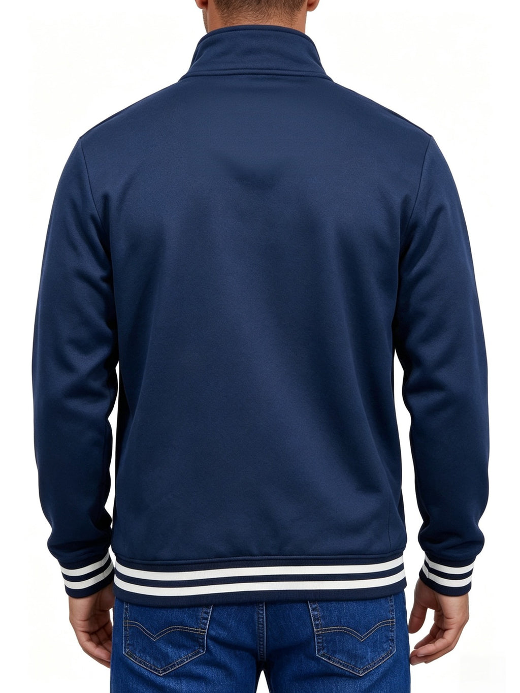 Men's Solid Color Half-Zip Stand Collar Sweatshirt, Mountain Print with Striped Ribbed Cuffs and Hem, Loose Fit Casual Sport Pullover, Daily Vintage Style Jacket - Navy