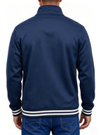 Men's Solid Color Half-Zip Stand Collar Sweatshirt, Mountain Print with Striped Ribbed Cuffs and Hem, Loose Fit Casual Sport Pullover, Daily Vintage Style Jacket - Navy