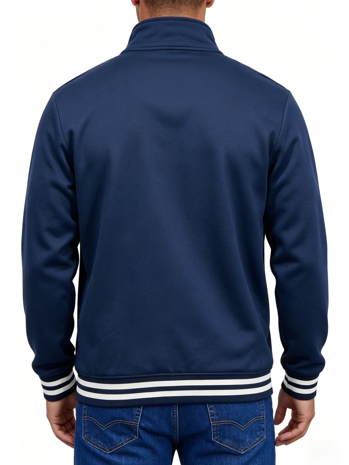 Men's Solid Color Half-Zip Stand Collar Sweatshirt, Mountain Print with Striped Ribbed Cuffs and Hem, Loose Fit Casual Sport Pullover, Daily Vintage Style Jacket - Navy
