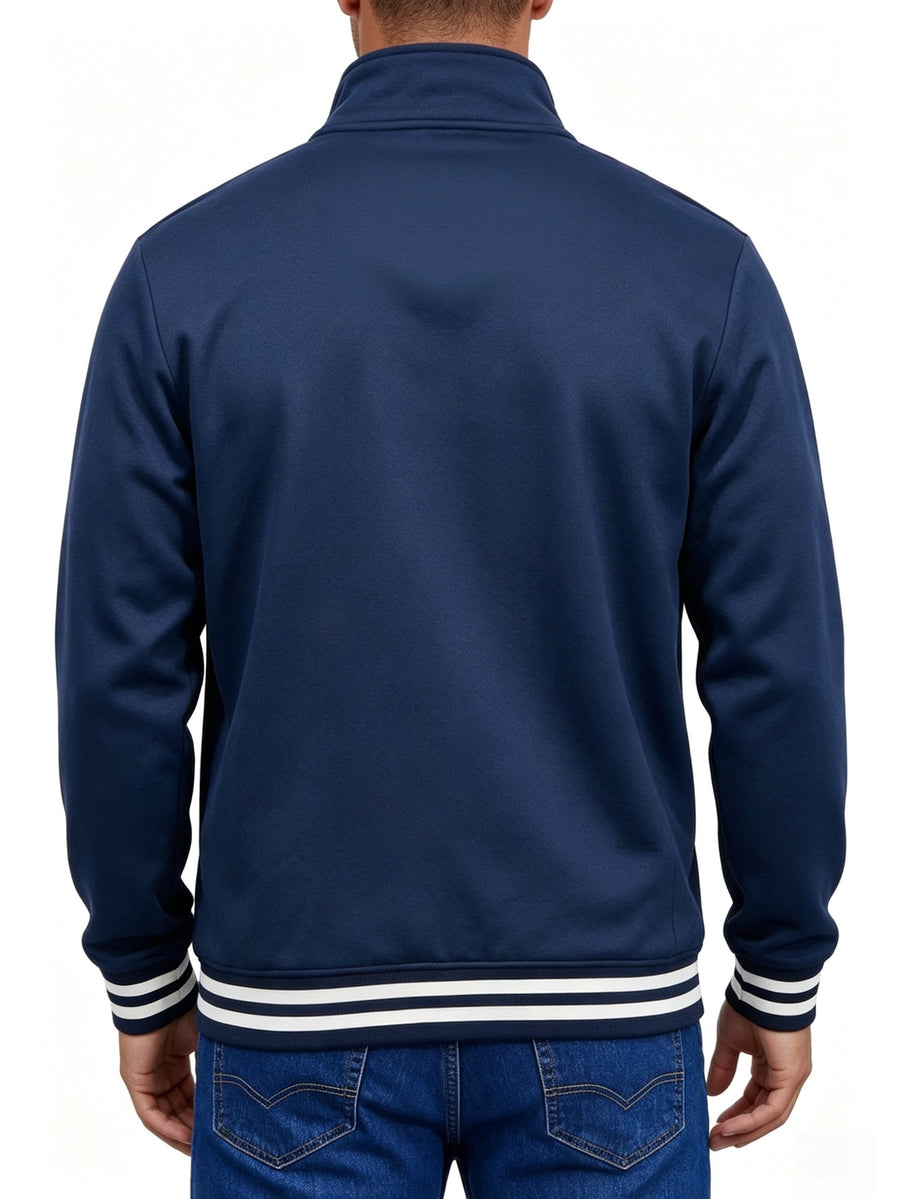 Men's Solid Color Half-Zip Stand Collar Sweatshirt, Mountain Print with Striped Ribbed Cuffs and Hem, Loose Fit Casual Sport Pullover, Daily Vintage Style Jacket - Navy