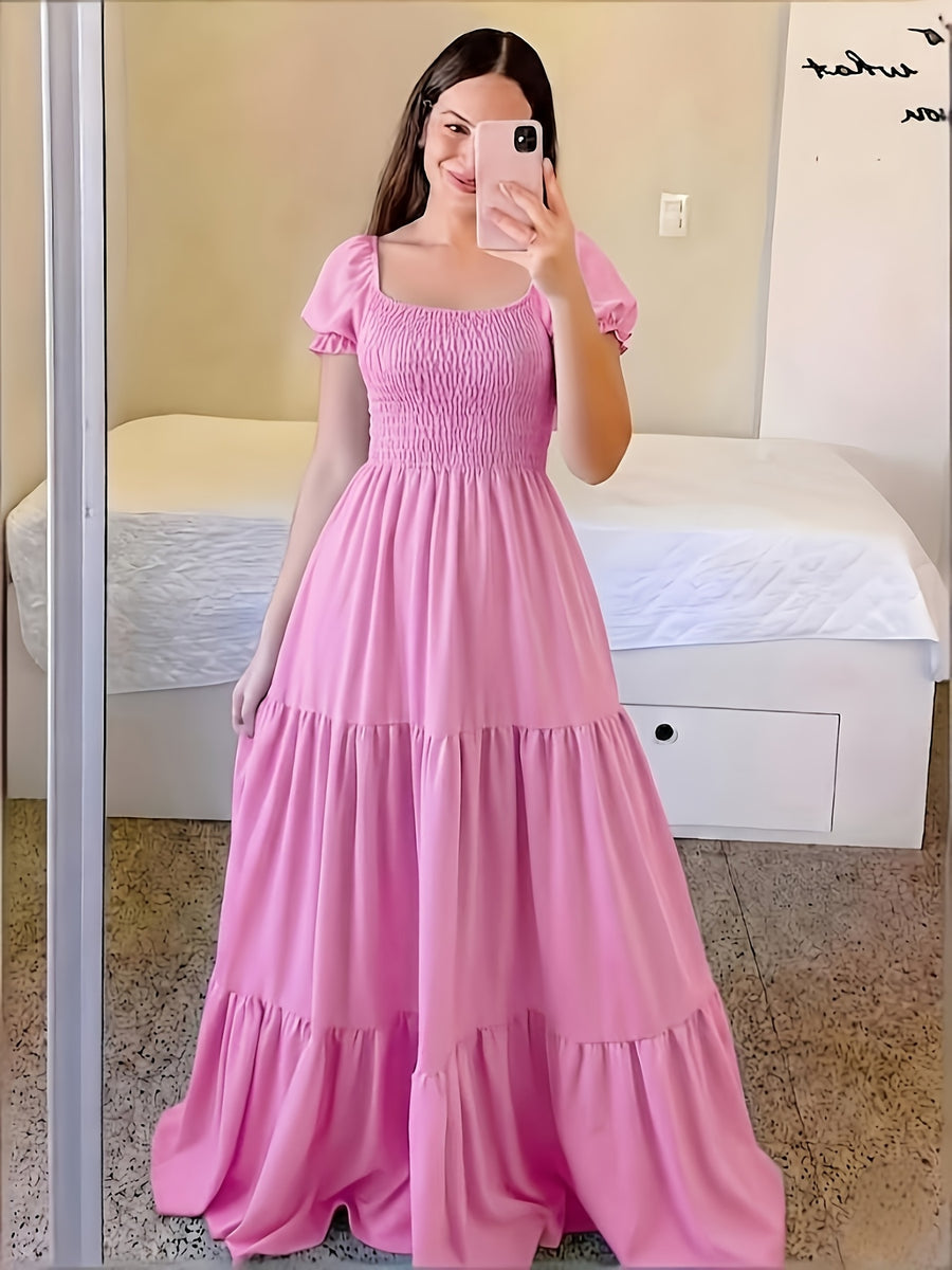 Four-Season Suitable Dress, Y2K Women's New Solid Color Square Neck Tie-Back Long Dress, Suitable for Streetwear, Commuting, Parties, Social Events, Vacations, Christmas, New Year, Valentine's Day, Women's New Clothing M186 - Pink