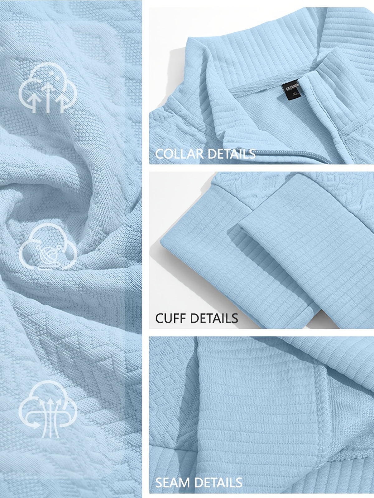 BOWZ Men's Fashion Henley Shirt, Solid Color Half-Zip Knit Top, Autumn/Winter Casual Long-Sleeve T-Shirt, Stylish and Versatile, Warm and Breathable, Suitable for Outdoor Sports and Daily Wear, Random Fabric Texture - Sky Blue
