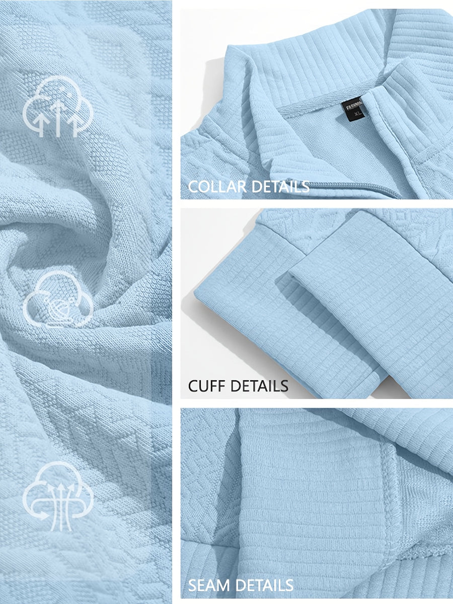 BOWZ Men's Fashion Henley Shirt, Solid Color Half-Zip Knit Top, Autumn/Winter Casual Long-Sleeve T-Shirt, Stylish and Versatile, Warm and Breathable, Suitable for Outdoor Sports and Daily Wear, Random Fabric Texture - Sky Blue