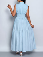 Elegant and Fashionable Women's Solid Color Stand-up Collar Sleeveless Waist-cinching Tie-knot Dress with Front Cutout, Suitable for Casual, Fashionable, and Commuting Styles. Selected from the Industry's Elegant Series, Ideal for Parties and Work - Sky Blue
