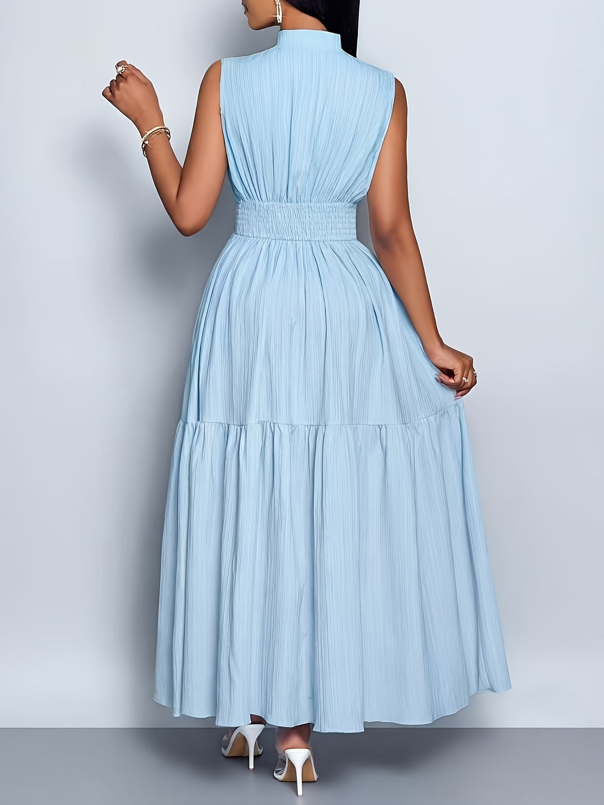Elegant and Fashionable Women's Solid Color Stand-up Collar Sleeveless Waist-cinching Tie-knot Dress with Front Cutout, Suitable for Casual, Fashionable, and Commuting Styles. Selected from the Industry's Elegant Series, Ideal for Parties and Work - Sky Blue