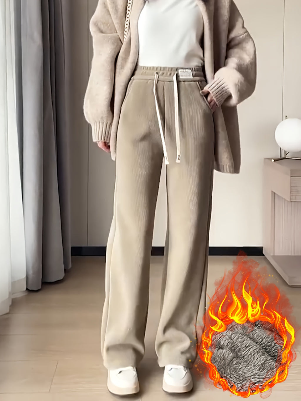 Women's Wide-Leg Winter Pants with Cord Skirt - Thickened Warmth Suitable for Cold Weather, Elegant Loose-Fit Full-Length Trousers, All-Season Casual & Dressy Wear (No Belt Required) - Oatmeal Color