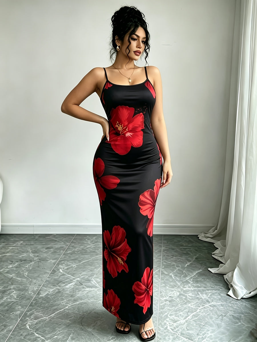 Women'S Adjustable Strap Printed Cami Dress, High-Waist Cinched -Lifting Long Skirt, Stretchy And, Suitable for Beach Vacation/Music Festival/Casual Date Wear - Red