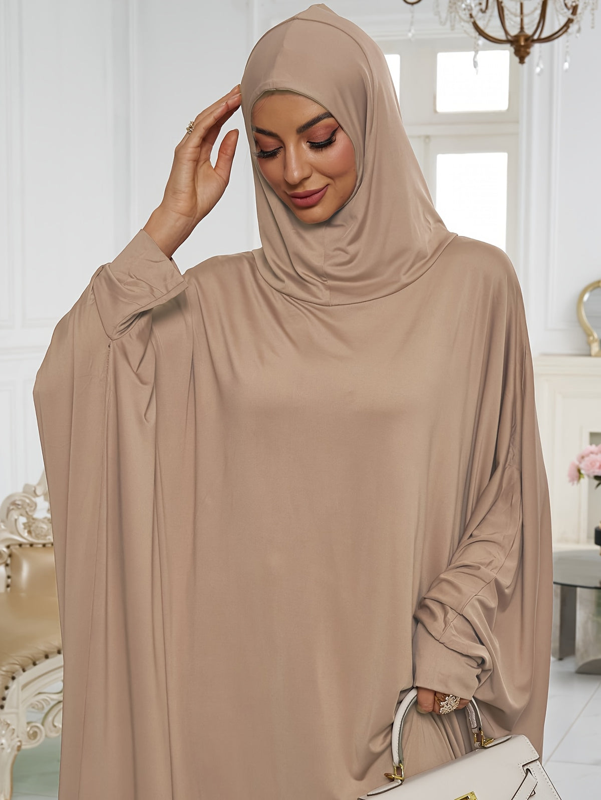 1pc Elegant And Fashionable Hooded One-Piece Abaya Été Abaya Femme Women Abaya Muslim Dress Robe Été Abaya Femme Prayer Jilbab - Pale Pinkish Gray