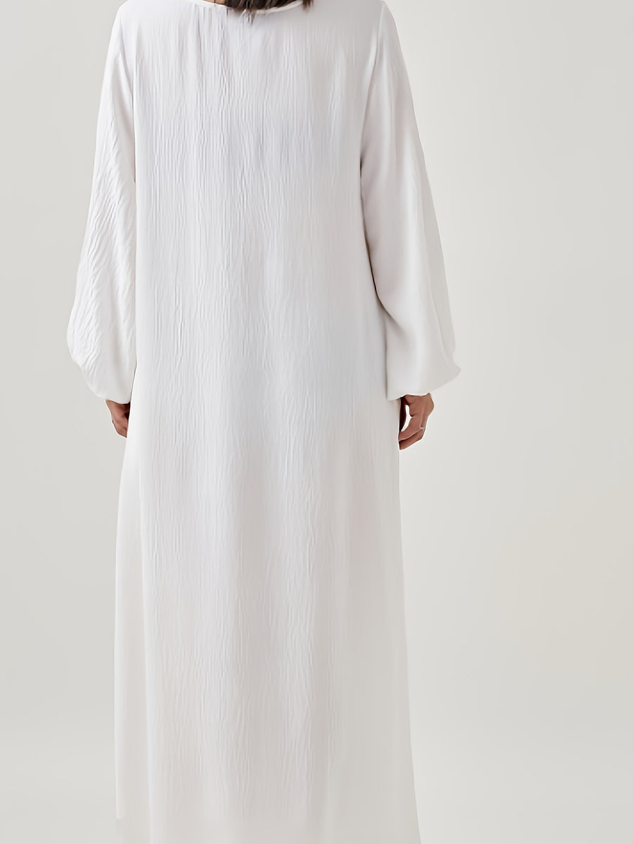 Comfortable & Casual Solid Color Muslim Dress with Bubble Pleats, Elastic Cuffs, and Flowy Hem - Polyester, Machine Washable - White