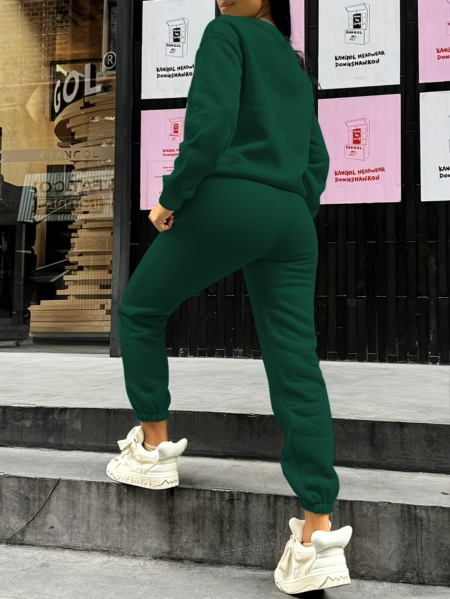 Women'S Autumn Winter Two-Piece Set, Easy Pattern Sweatshirt And Jogger Pants - Dark Green