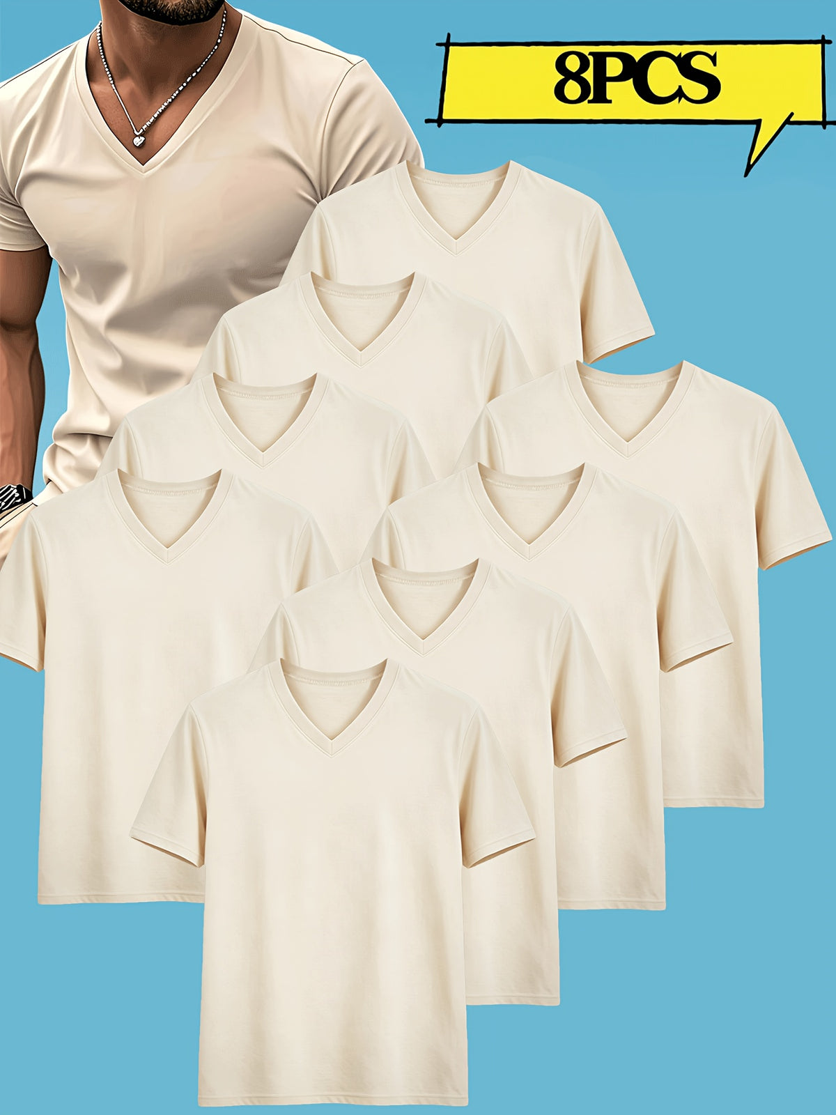10pcs Men's Casual Knit Ribbed V-Neck T-Shirt / Soft and Comfortable Fabric / Short Sleeve / Solid Color / Crew Neck / Back-to-School Season, Casual Sporty Design Multi-pc Tops, Suitable for Summer Daily Wear - 10pcs Apricot