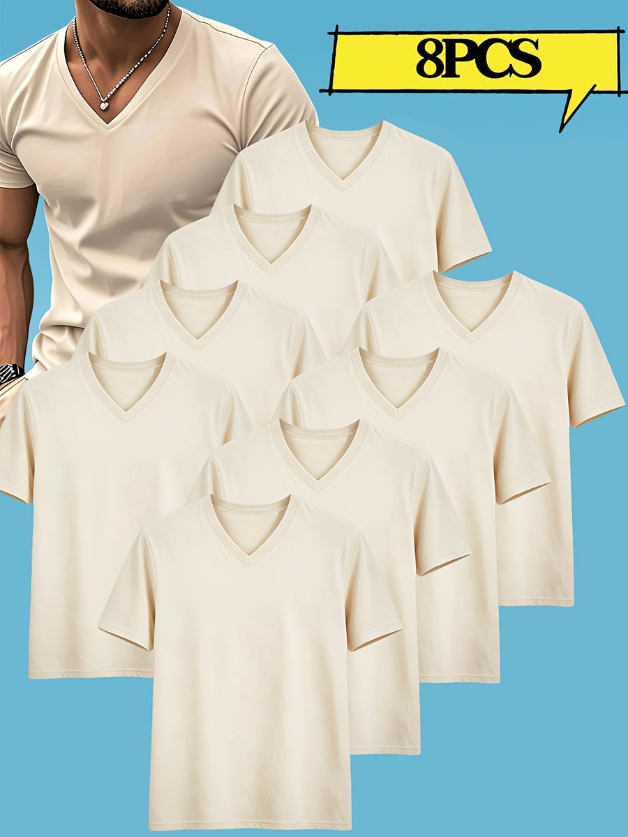 10pcs Men's Casual Knit Ribbed V-Neck T-Shirt / Soft and Comfortable Fabric / Short Sleeve / Solid Color / Crew Neck / Back-to-School Season, Casual Sporty Design Multi-pc Tops, Suitable for Summer Daily Wear - 10pcs Apricot