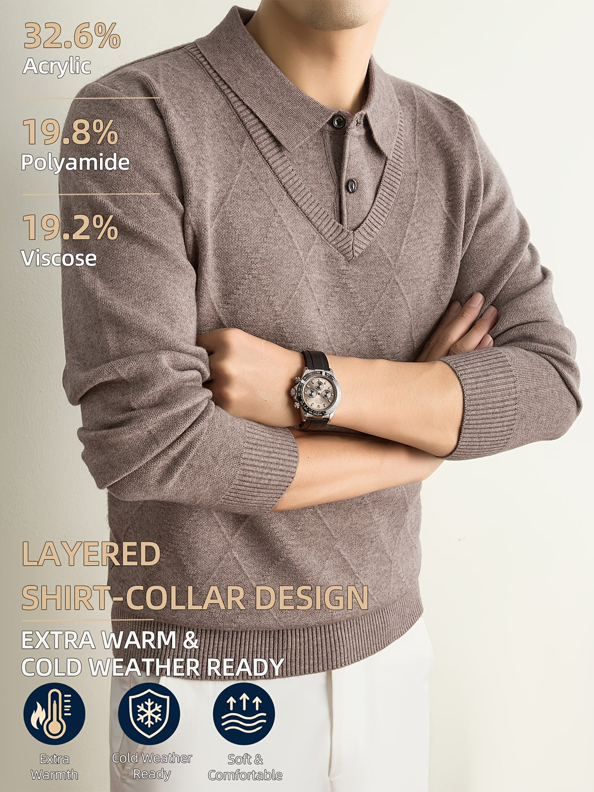 Men's Grey Polo Sweater, Faux 2pcs Shirt-Collar Design, V-Neck & Subtle Diamond Knit Pattern, Classic Refined Style, Warm Autumn Winter Pullover for Casual Wear, Golf & Outdoor Activities - Camel
