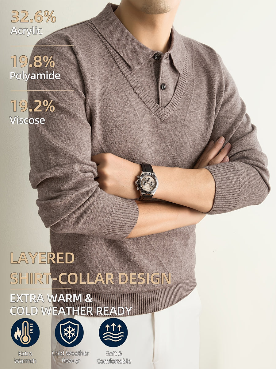Men's Grey Polo Sweater, Faux 2pcs Shirt-Collar Design, V-Neck & Subtle Diamond Knit Pattern, Classic Refined Style, Warm Autumn Winter Pullover for Casual Wear, Golf & Outdoor Activities - Camel