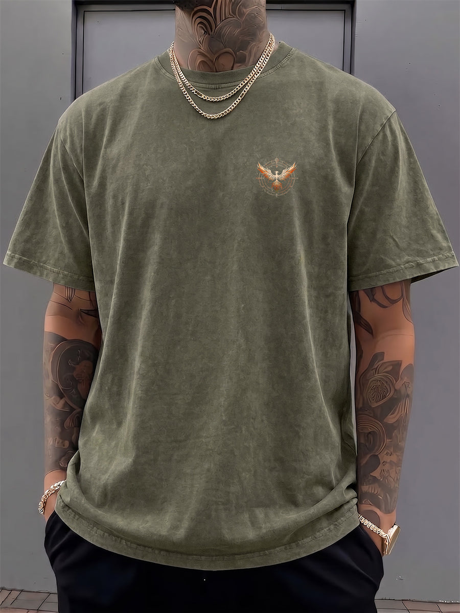 Men's Short-Sleeve T-Shirt, Pure Cotton Loose Fit Washed Distressed Top, Small Phoenix Compass Print, Trendy Print, 12 Colors for Mix and Match, American Street Style High Street Hip-Hop Couple's Outfit for Daily Streetwear, Commuting - Military Green