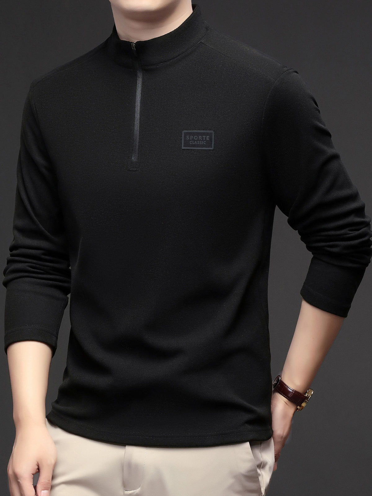 Men'S 1/4 Zip Long Sleeve Sweatshirt, Spring/Autumn Business Casual Golf Top, Half-Zip Collar High Neck Long Sleeve T-Shirt, Soft Comfortable Casual Sportswear, Outdoor Spring/Autumn Warm Clothing, Logo on Chest, Mature Men'S Apparel - Black