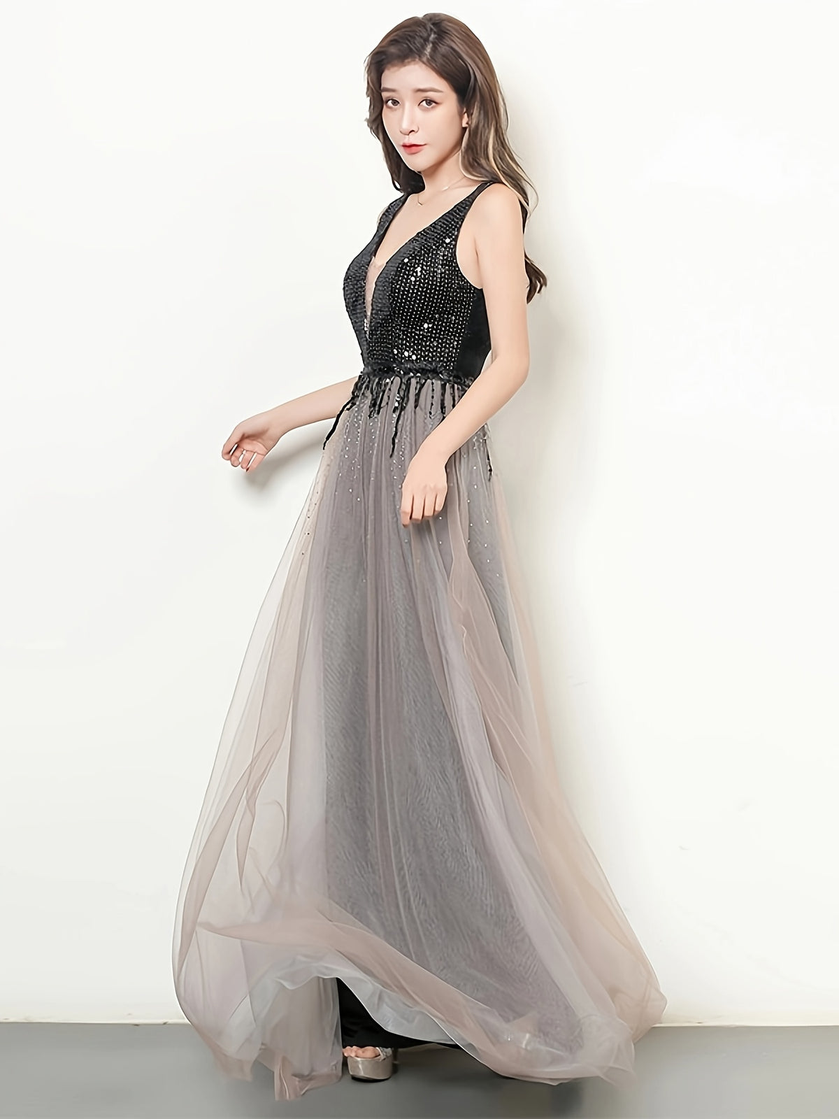 Party Low-Cut Sexy Evening Dress Work Dress Dress Long Dress Banquet Dress Dress Adult Ceremony Host Dress - Black