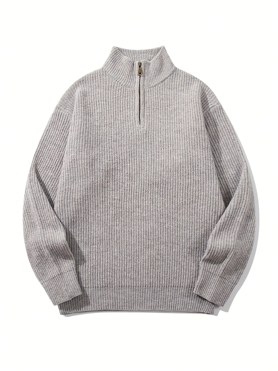 LOOKUN Autumn Winter Solid Color Daily Commute Sporty High Neck College Outdoor Textured Loose Fit Comfortable Mature Style Half Open Collar Pullover Long Sleeve Knit Sweater Top - Grey