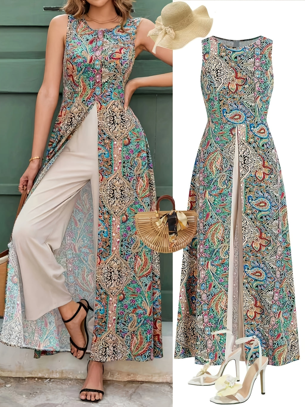 Women'S Elegant Vacation Style Floral Print Round Neck Jumpsuit - Mixed colors