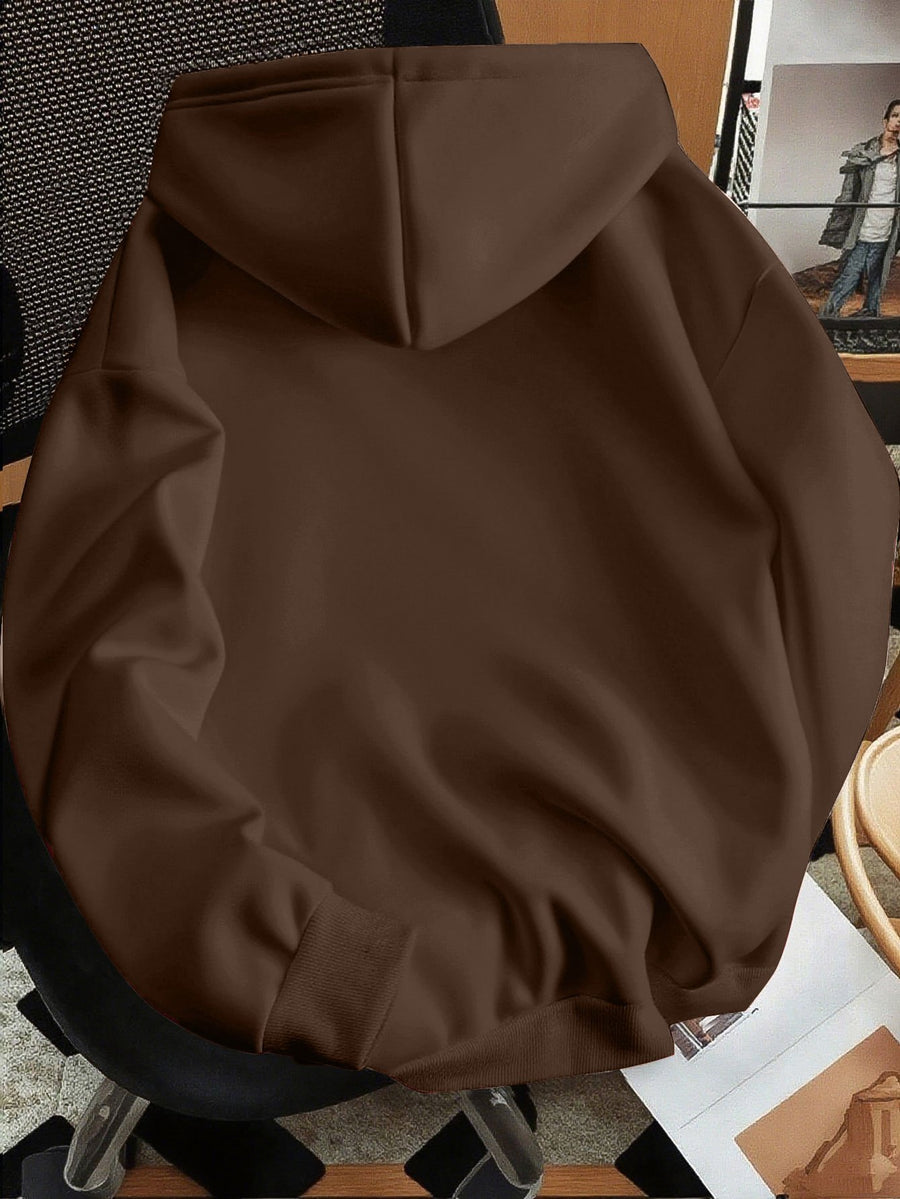 Minimalist Style Letter Print Hooded Sweatshirt, Versatile Top for Daily Casual and Commuting - Coffee Color