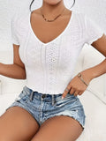 Women'S Elegant V-Neck Short Sleeve Blouse - Sexy Solid Color Breathable Top with Hollow Details, Perfect for Spring/Summer/Fall, Casual Wear|Vneck Top|Hollow Detail Design - White