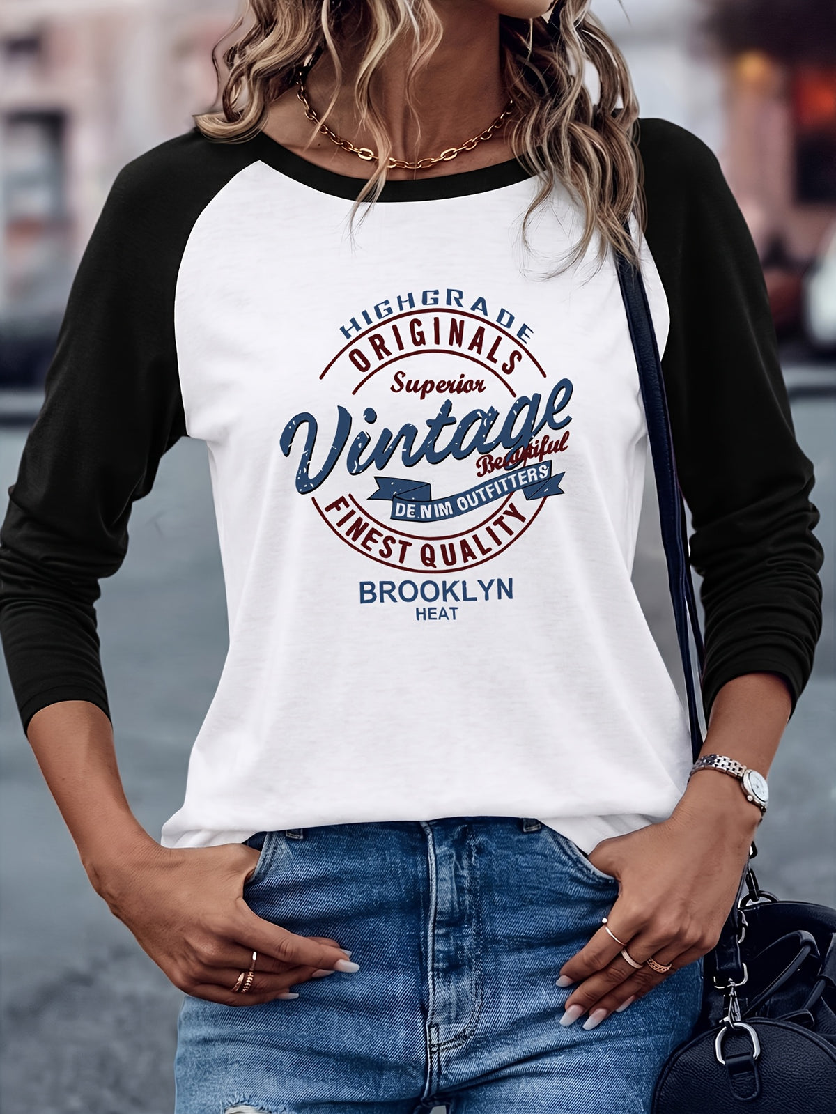 Brooklyn Vintage Pattern Design European and American Style Women's Daily Versatile Comfortable Casual Color-Blocked Crew Neck Raglan Long Sleeve T-Shirt - White against black