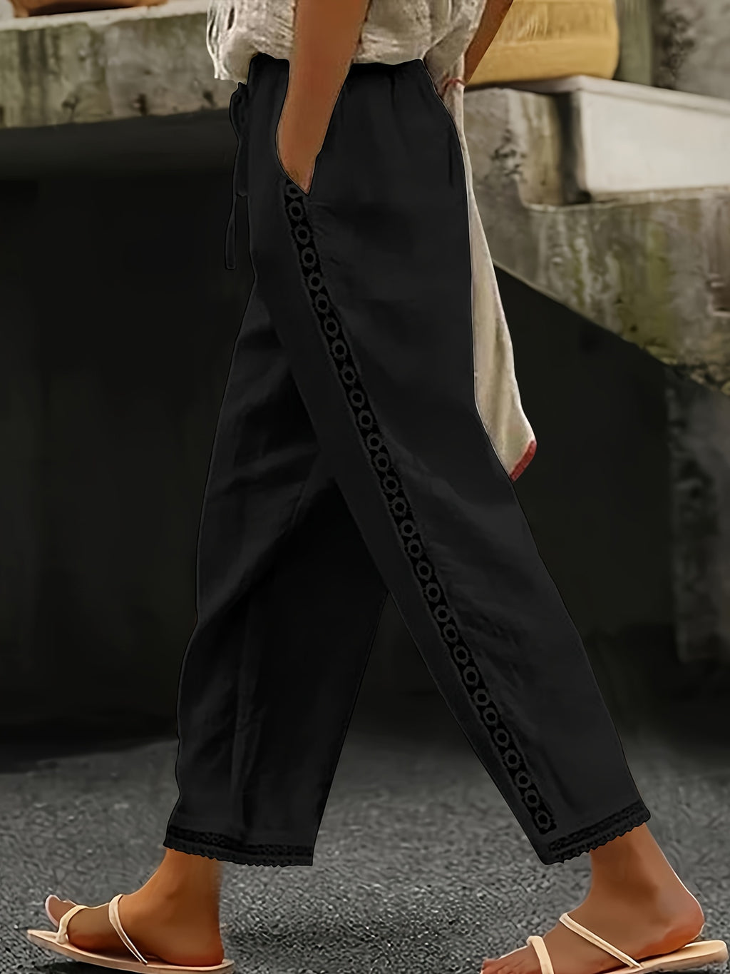Fashion Trendy Women'S Lace Cutout Casual Pants - Black