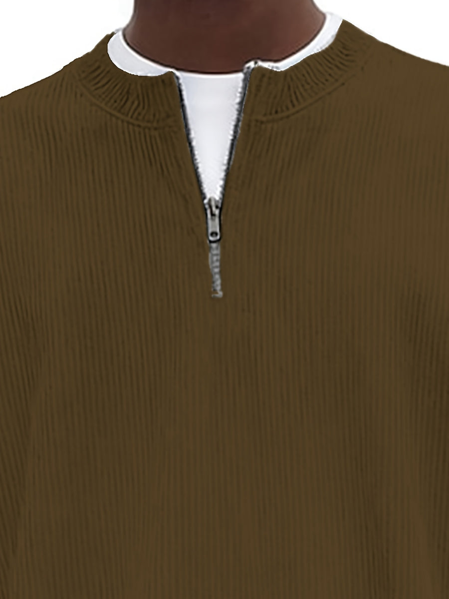 Men's Corduroy Half-Zip Knit Sweatshirt, Casual Versatile -Lined Long Sleeve Top, Autumn Winter Casual Loose Knitwear, Trendy Versatile Multiple Colors Available - Light Brown-1