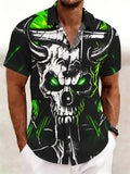 Men'S Trendy Personalized Short-Sleeved Shirt, Dark Style Skull Image, Green Flame Bull Horns And Chains Wrapped Around, with a Street Trend Cool Feel, Contrasting Color Printing, Button Closure for Convenience And Casualness - Multicolor