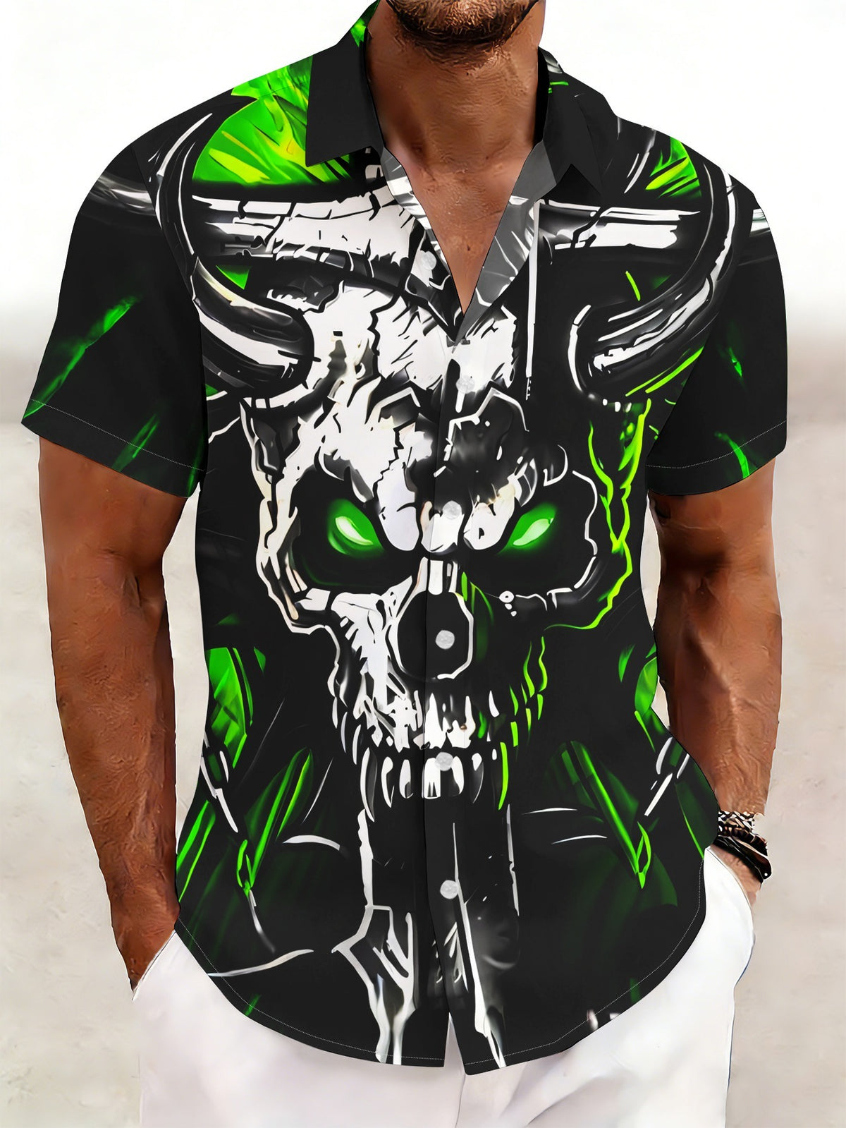 Men'S Trendy Personalized Short-Sleeved Shirt, Dark Style Skull Image, Green Flame Bull Horns And Chains Wrapped Around, with a Street Trend Cool Feel, Contrasting Color Printing, Button Closure for Convenience And Casualness - Multicolor
